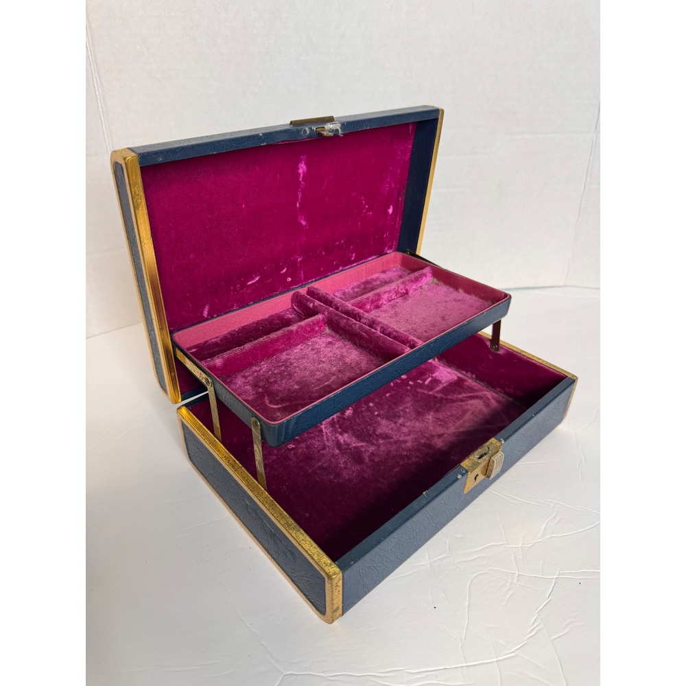 Vintage Farrington Jewelry Box Mid Century Blue Pink Velvet Two Tier 1950s 1960s - Picture 8 of 12